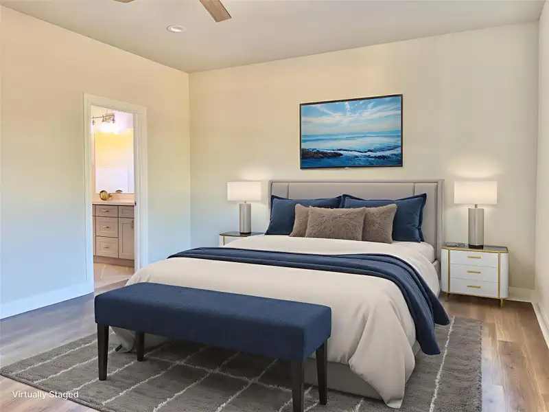 Bedroom featuring LCP floors, ensuite bathroom, recessed lighting, and a ceiling fan Bedroom featuring LCP floors, ensuite bathroom, recessed lighting, and a ceiling fan