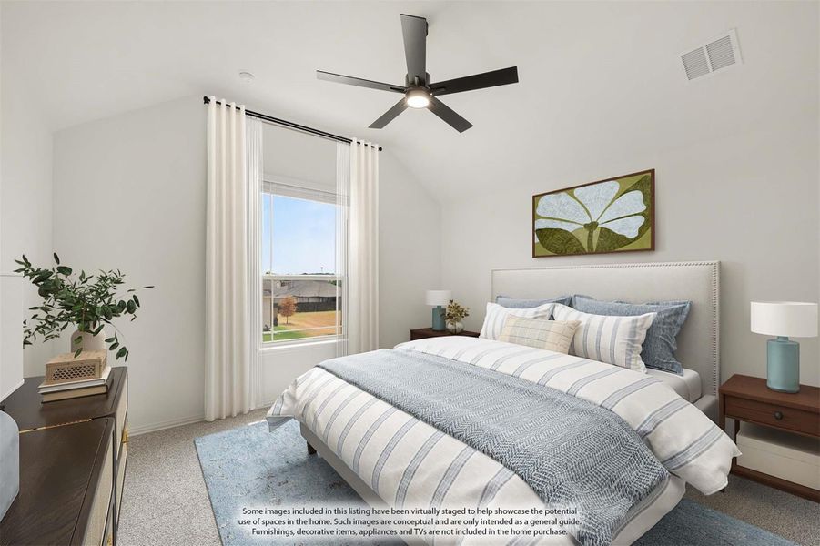 Bedroom with vaulted ceiling, ceiling fan, large window, and queen bed with blue striped bedding