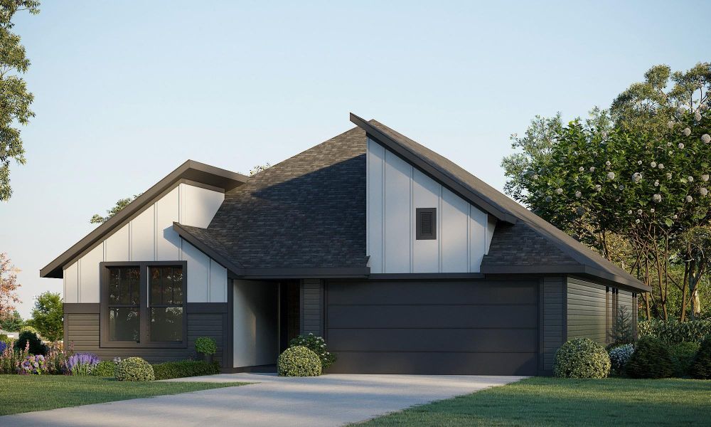 View of front of house with driveway, roof with shingles, an attached garage, a front lawn, and board and batten siding