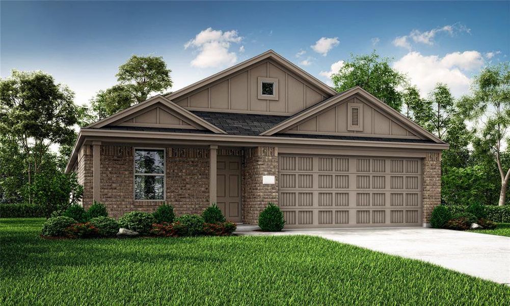 View of front of home with a garage and a front yard