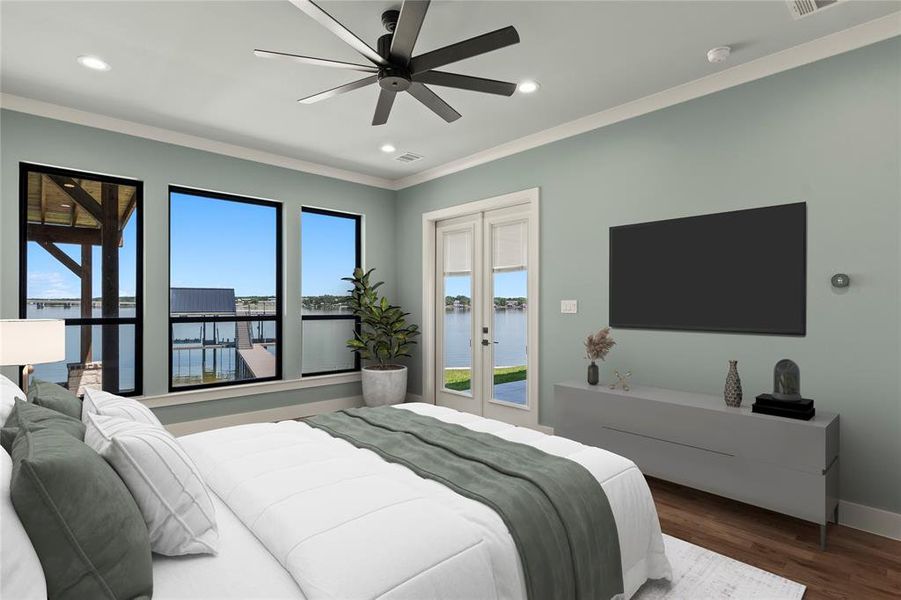Virtually Staged- Waterfront-facing bedroom retreats. Direct patio access.