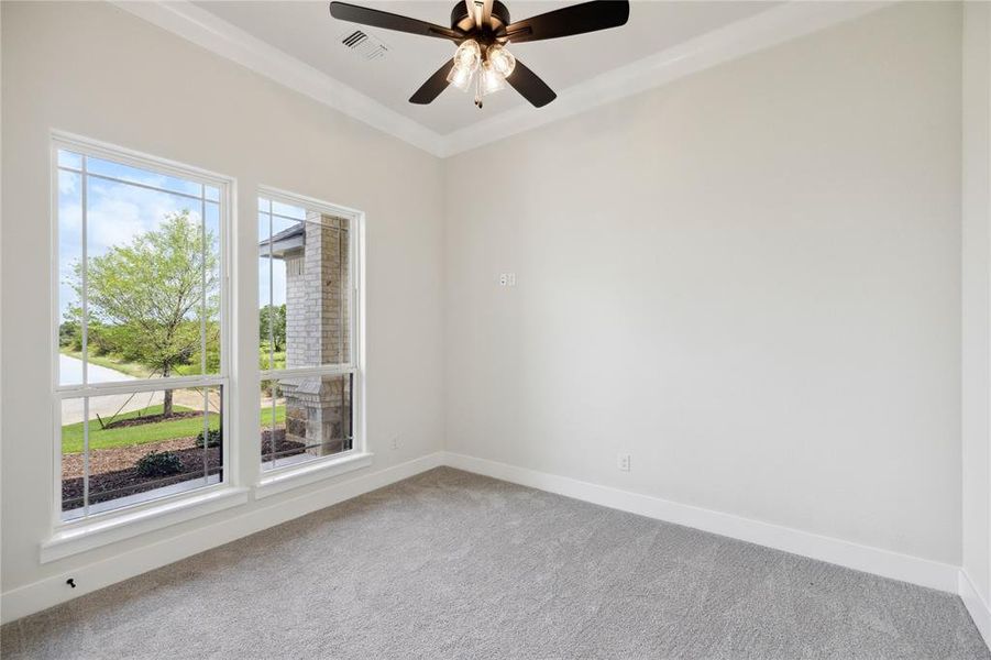 Carpeted empty room featuring ornamental molding and ceiling fan