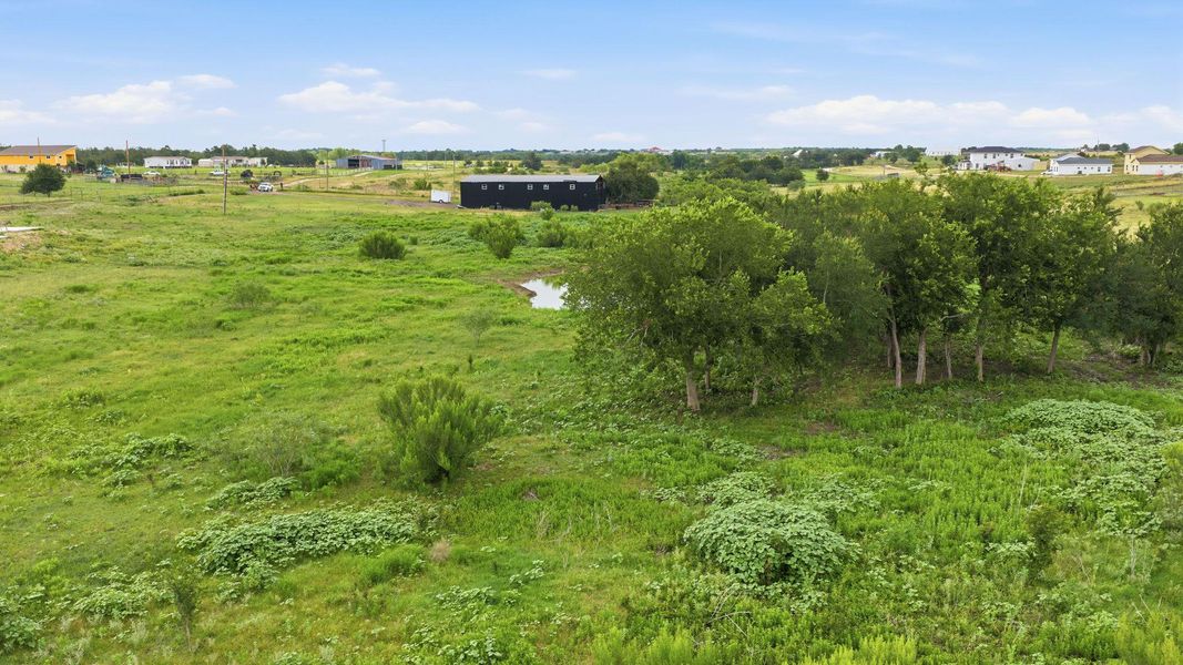 A verdant landscape unfolds, showcasing expansive green fields and distant structures under an open sky.