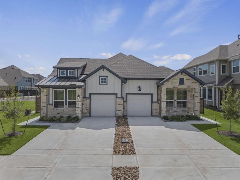 Representative exterior photo of a completed home built from the Carriagehouse by Chesmar Homes in Meridiana Townhomes, Iowa Colony, TX (Image 34).