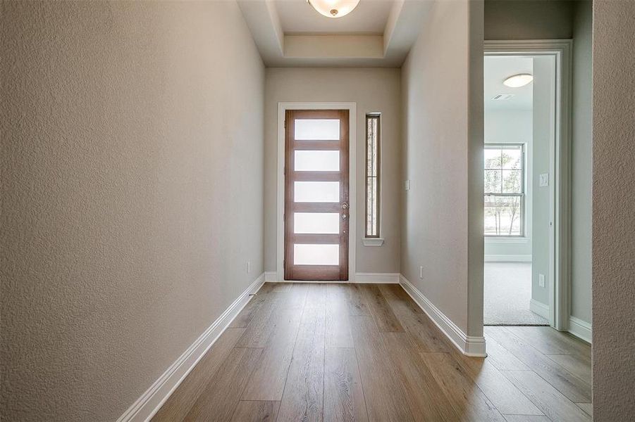 Entryway featuring light wood-type flooring and a tray ceiling