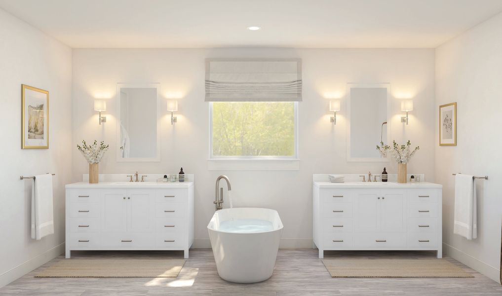 Primary bath with freestanding tub and vanities