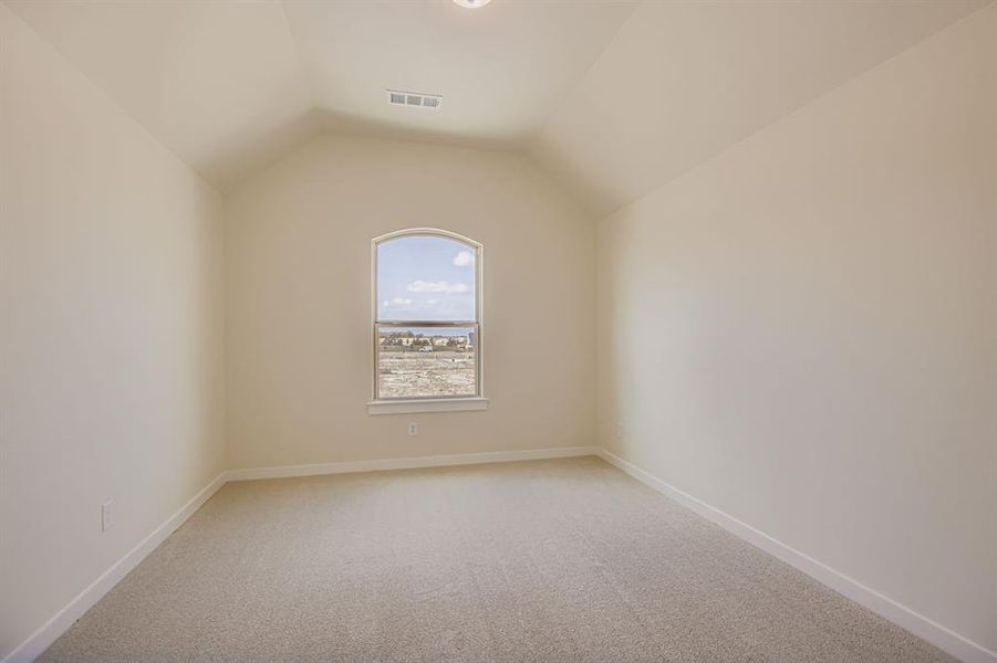 Spare room featuring light carpet and vaulted ceiling Spare room featuring light carpet and vaulted ceiling
