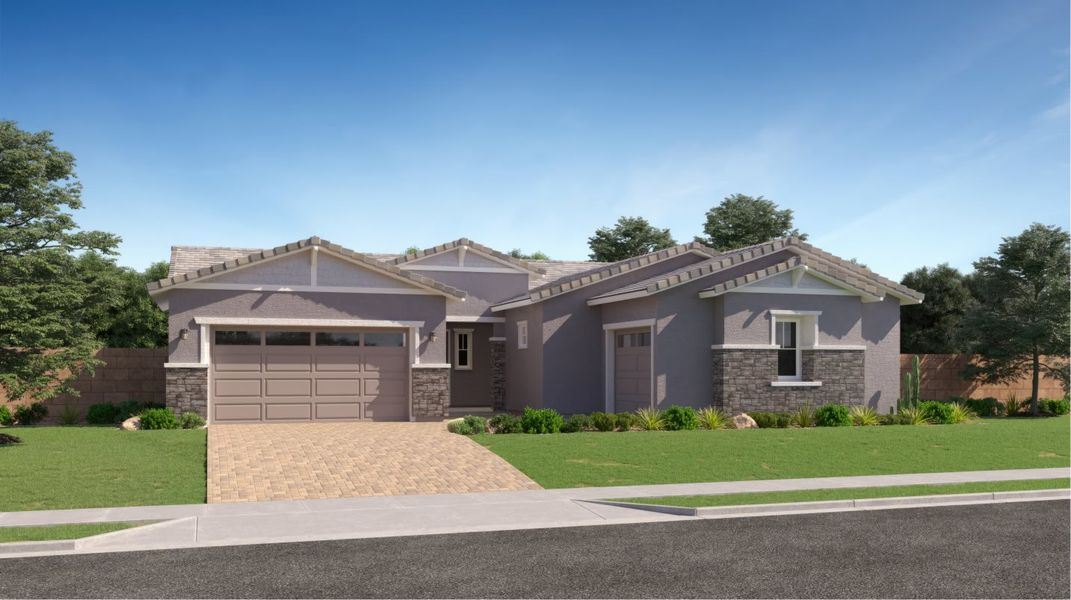 Front exterior of a new home in Madera, Queen Creek, AZ, highlighting curb appeal (Image 1). Front exterior of a new home in Madera, Queen Creek, AZ, highlighting curb appeal (Image 1).