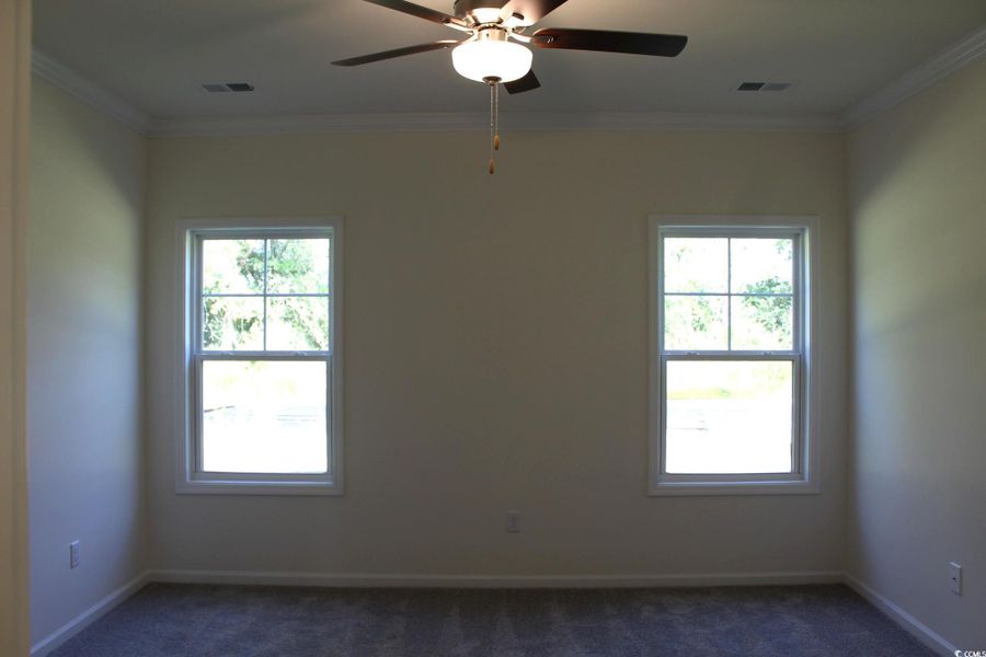 Unfurnished room featuring dark carpet, ornamental molding, plenty of natural light, and ceiling fan