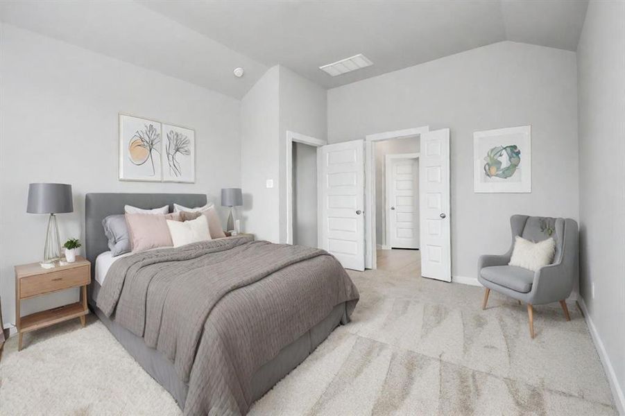 Come decompress in the stunning primary suite after a lengthy day! Experience the luxury of plush carpeting, warm paint hues, high ceilings, and large windows featuring privacy blinds. Sample photo of completed home with similar floor plan. As-built interior colors and selections may vary.