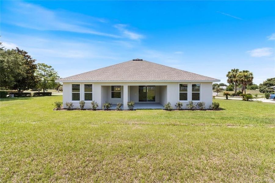 Rear elevation with covered patio and room for pool!