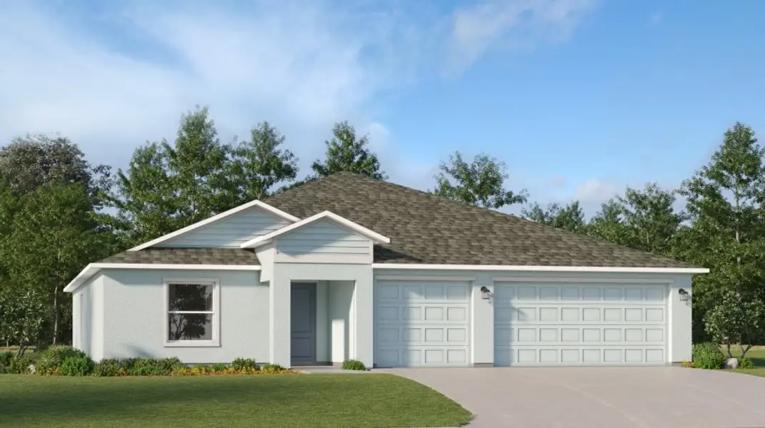 Front exterior of a new home in Maplewood Park: Manor Homes, Lehigh Acres, FL, highlighting curb appeal (Image 1).