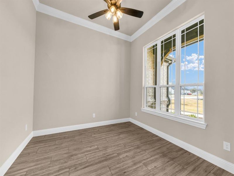 Spare room featuring ceiling fan, a healthy amount of sunlight, and wood-type flooring