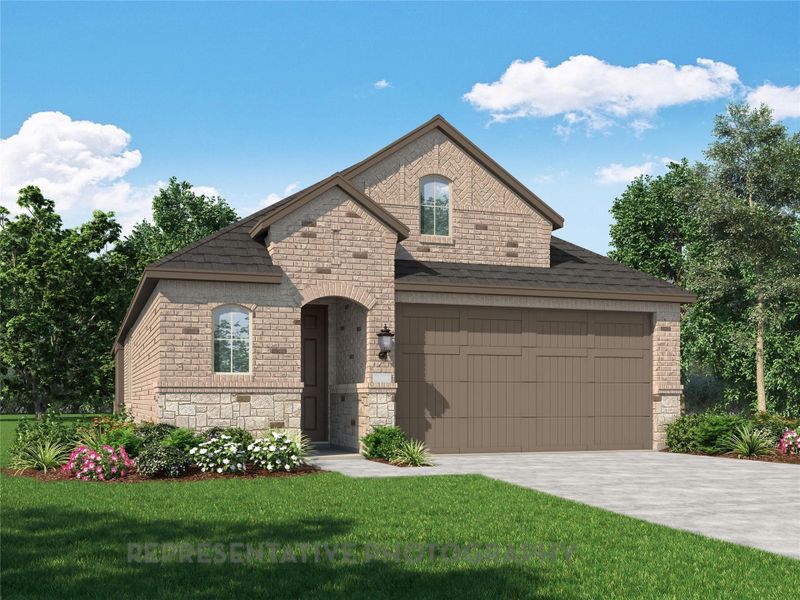 Front exterior of a new home in Grand Central Park: 40ft. lots, Conroe, TX, highlighting curb appeal (Image 1). Front exterior of a new home in Grand Central Park: 40ft. lots, Conroe, TX, highlighting curb appeal (Image 1).