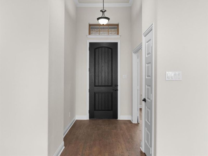 Entryway featuring wood finished floors and ornamental molding