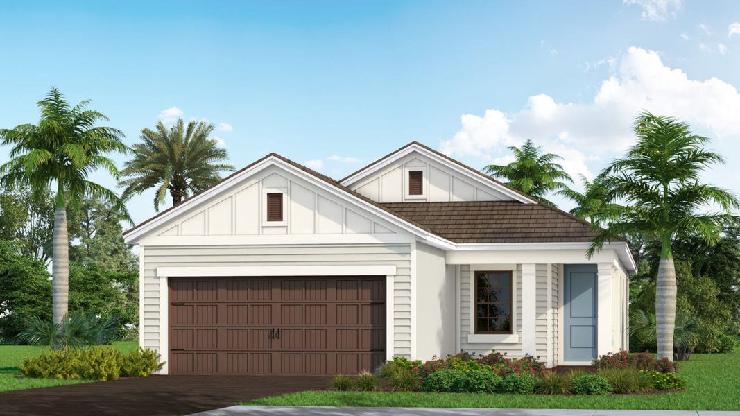 Front exterior of a new home in Windward Real Estate and Homes for Sale in Sarasota, FL - Neal Communities, Sarasota, FL, highlighting curb appeal (Image 21).