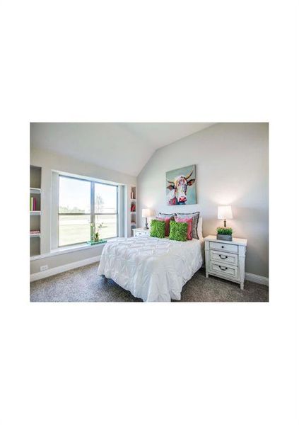 Bedroom featuring dark colored carpet and lofted ceiling