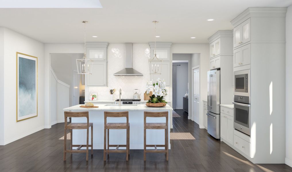 Kitchen with glass upper cabinets and pendant lighting