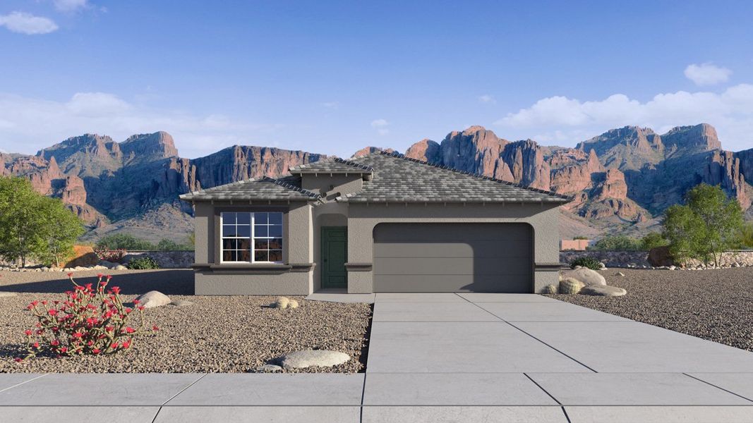 Front exterior of a new home in Sorrento, Maricopa, AZ, highlighting curb appeal (Image 1). Front exterior of a new home in Sorrento, Maricopa, AZ, highlighting curb appeal (Image 1).