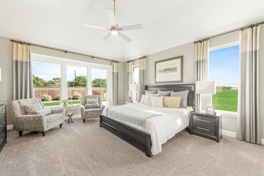 Master bedroom with king bed, ceiling fan, carpet floors, and large windows with backyard views
