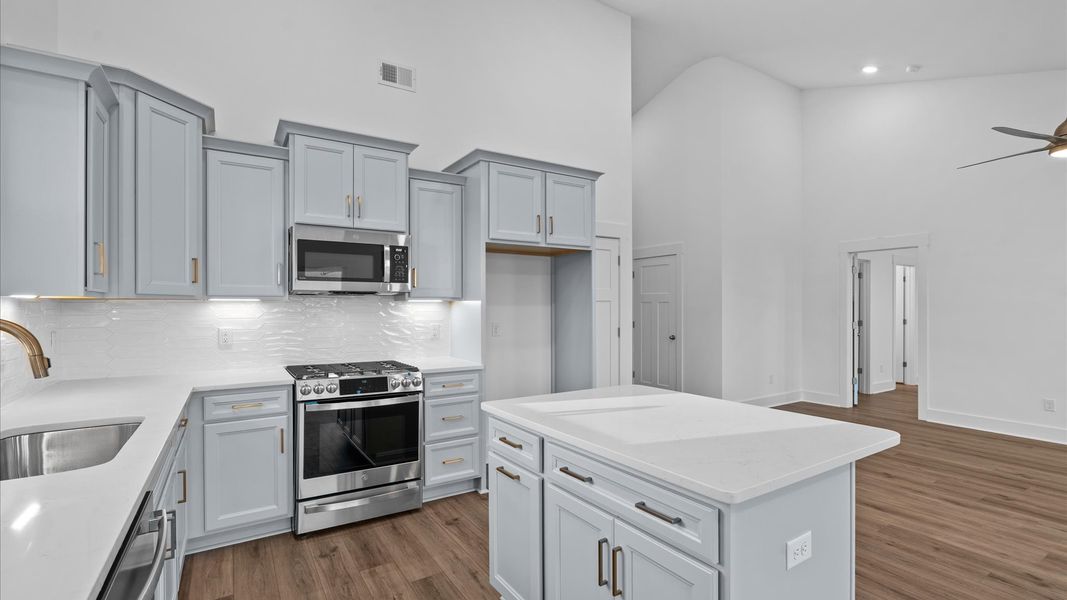 Tasteful kitchen with a streamlined island and modern finishes in a first-class DRB Homes design