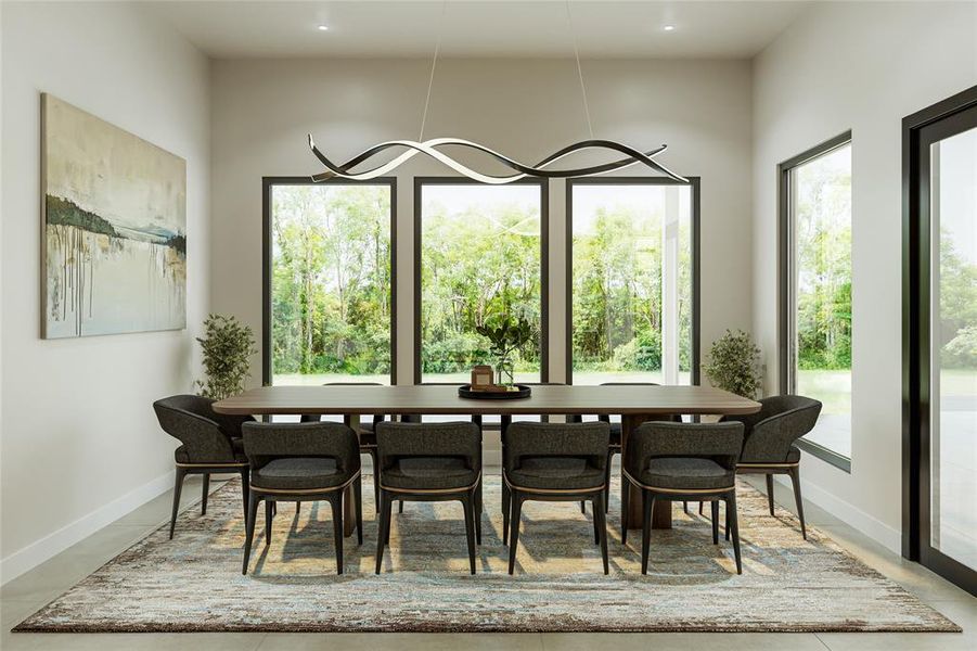 Dining area featuring a contemporary chandelier, multiple full-height windows, light-toned walls, and recessed lighting