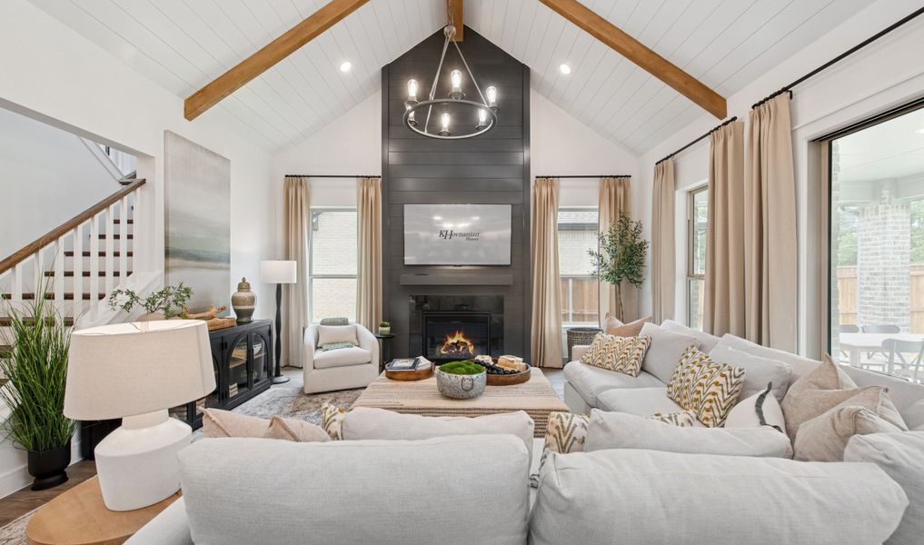 Stained ceiling beams and shiplap in the great room