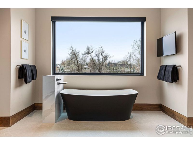 Trivento free standing bathtub with a picture window of the southern views encompassing both the large shade trees and mountain views beyond.