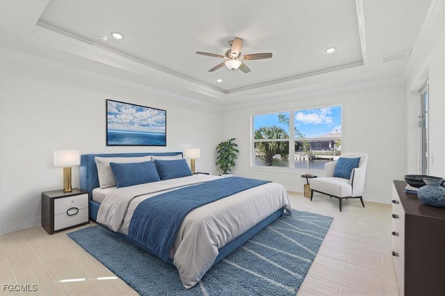 Bedroom featuring a ceiling fan, crown molding, recessed lighting, a raised ceiling, and light wood-style floors