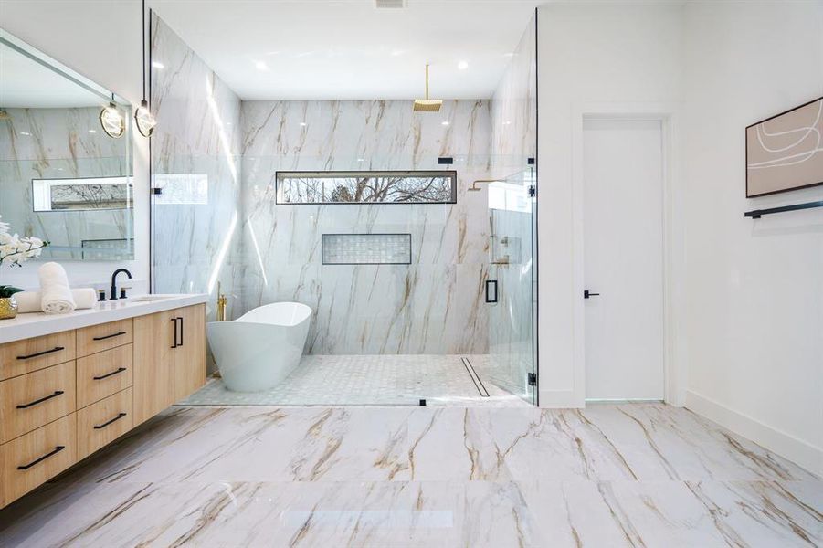 Bathroom with plus walk in shower and vanity