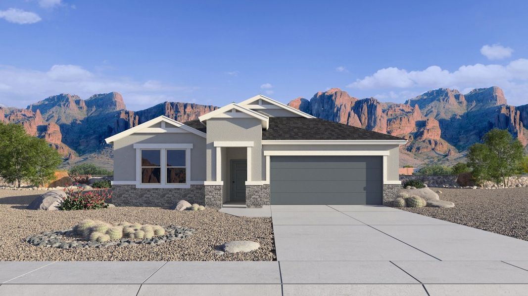 Front exterior of a new home in Quail Ranch, San Tan Valley, AZ, highlighting curb appeal (Image 1). Front exterior of a new home in Quail Ranch, San Tan Valley, AZ, highlighting curb appeal (Image 1).