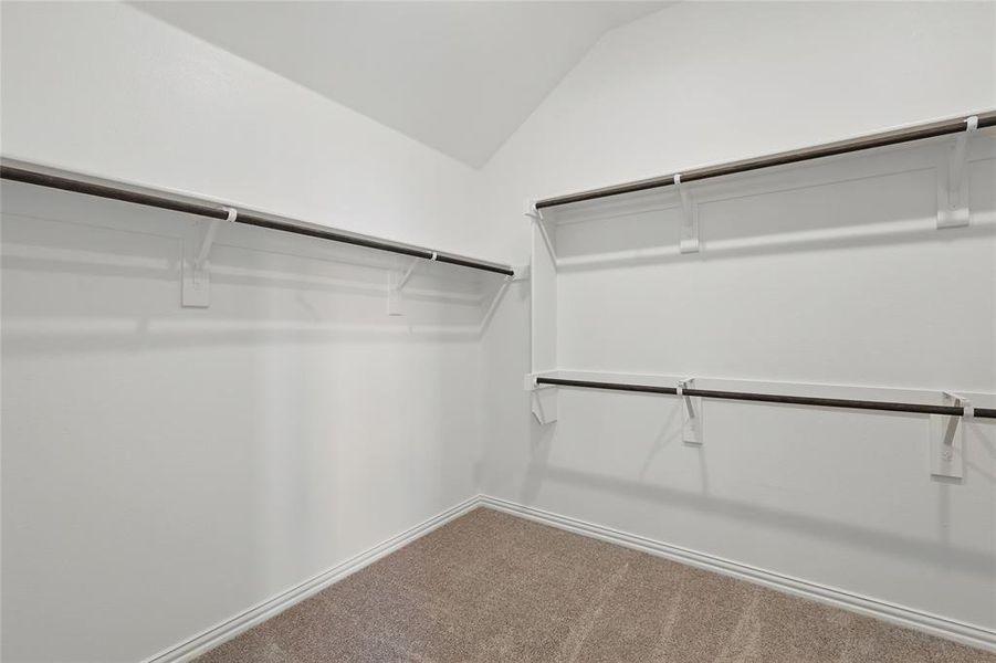 Spacious closet with carpet floors and vaulted ceiling