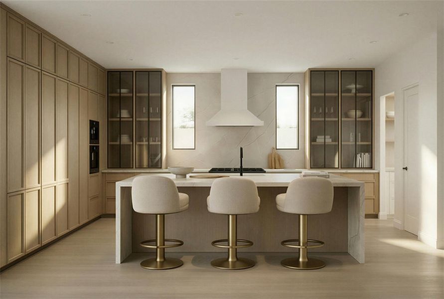 Rendering: Chef's kitchen with high end appliance package, natural stone, and custom cabinets