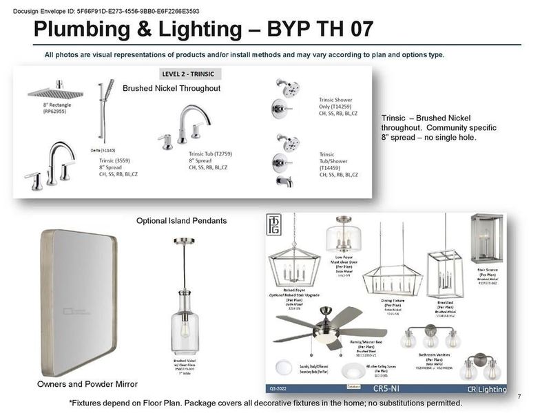 Upgraded lighting package with framed mirrors and kitchen pendants.
