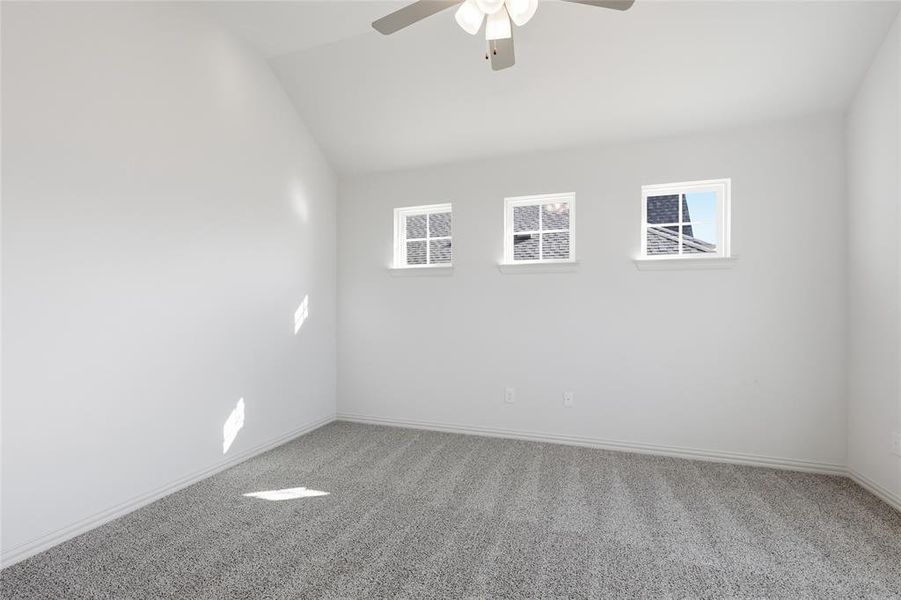 Unfurnished room with vaulted ceiling, carpet floors, plenty of natural light, and ceiling fan