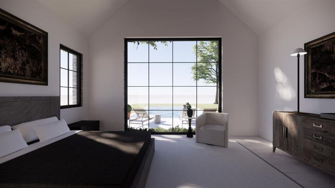 Bedroom with vaulted ceiling, multiple windows, and a water view