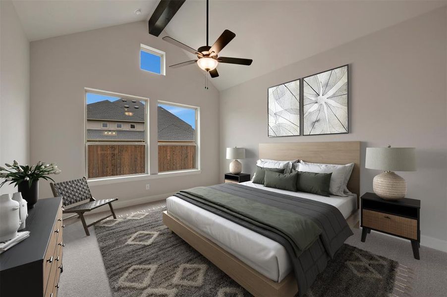 Bedroom with carpet and ceiling fan