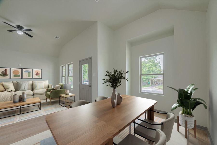 Elegant dining area perfect for hosting, featuring abundant natural light and modern decor. Elegant dining area perfect for hosting, featuring abundant natural light and modern decor.