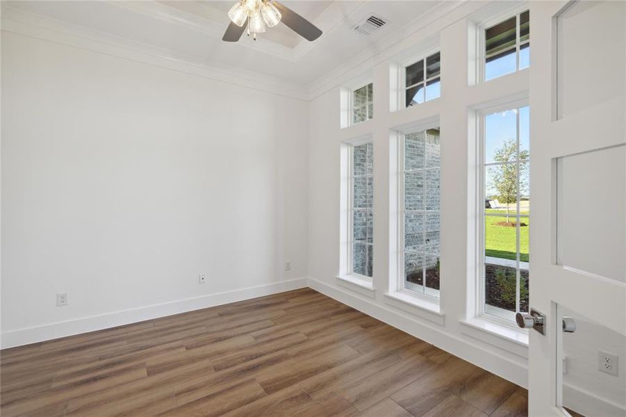 Unfurnished room featuring hardwood / wood-style floors, ceiling fan, and ornamental molding