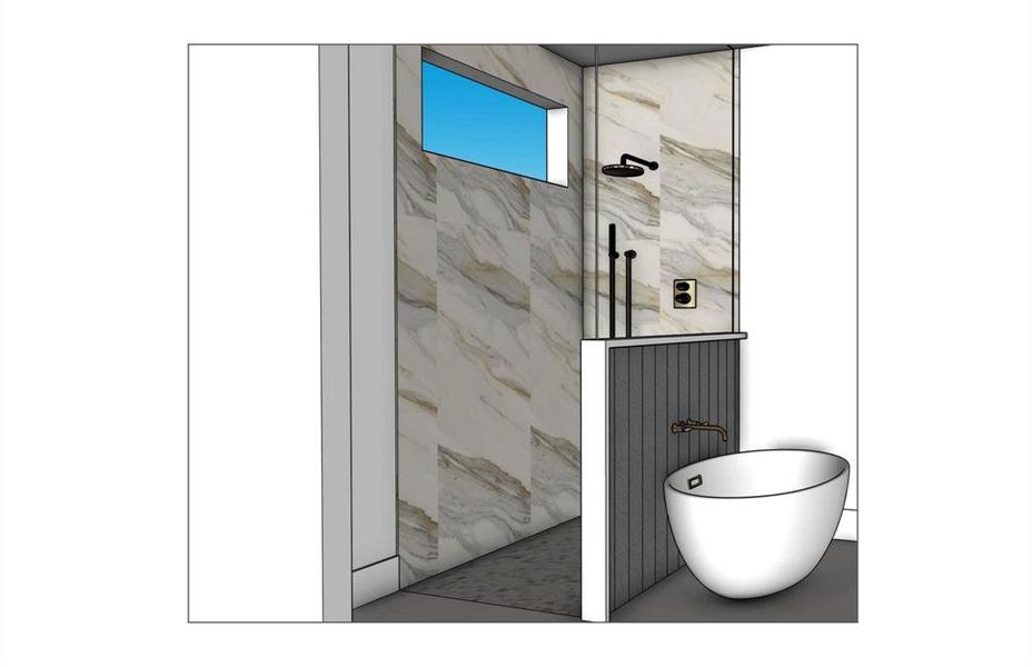 Bathroom with a marble finish shower and a freestanding tub