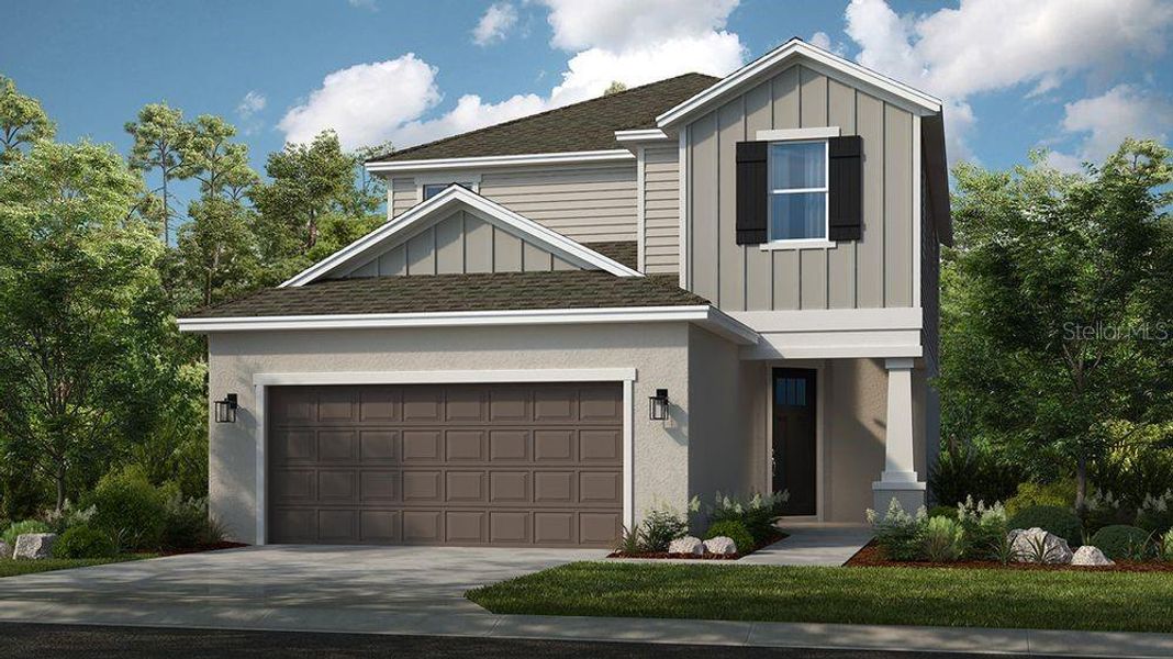Front exterior of a new home in Cassia at Skye Ranch, Sarasota, FL, highlighting curb appeal (Image 1). Front exterior of a new home in Cassia at Skye Ranch, Sarasota, FL, highlighting curb appeal (Image 1).