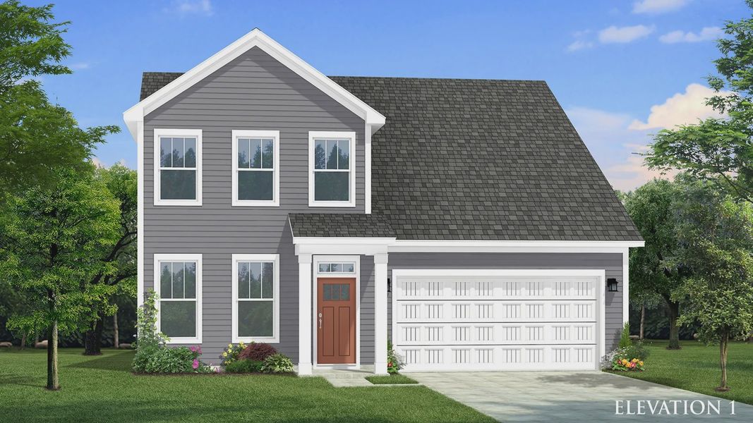 Two-story single family home with gray siding, a covered front porch and 2 car garage.