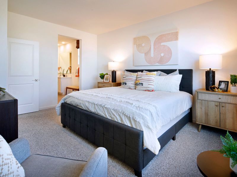 Large primary suite featuring gray carpet and natural lighting