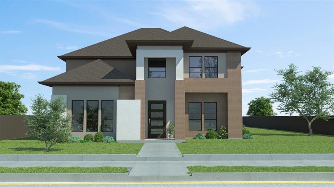 View of front of home featuring fence, a front lawn, brick siding, and roof with shingles