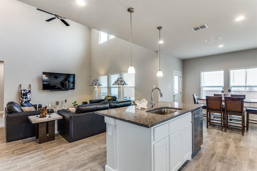 Kitchen with dishwasher, sink, white cabinets, dark stone counters, and a kitchen island with sink