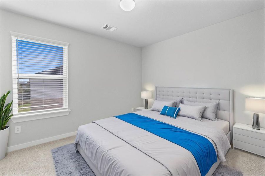 Secondary bedroom features plush carpet, neutral paint and a large window with privacy blinds.