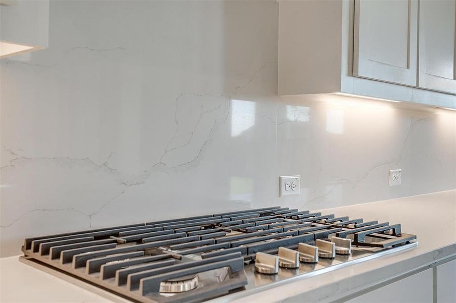 Details featuring stainless steel gas stovetop and tasteful backsplash