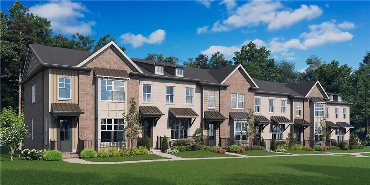 Front exterior of a new home in Townes 333, Peachtree Corners, GA, highlighting curb appeal (Image 2). Front exterior of a new home in Townes 333, Peachtree Corners, GA, highlighting curb appeal (Image 2).