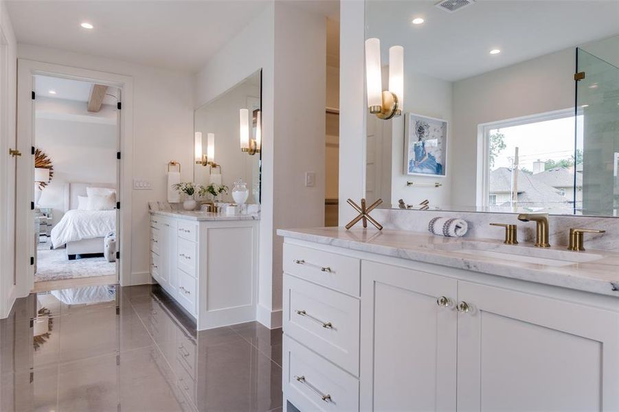 Bathroom featuring recessed lighting, ensuite bath, visible vents, tile patterned flooring, and vanity Bathroom featuring recessed lighting, ensuite bath, visible vents, tile patterned flooring, and vanity