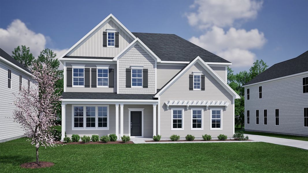 Front exterior of a new home in Pebble Branch, Chapin, SC, highlighting curb appeal (Image 1).